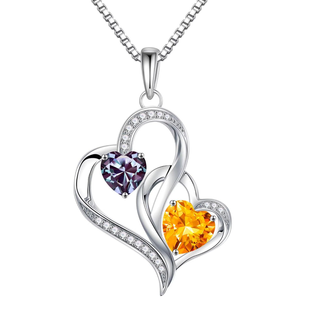 Iefil Christmas Gifts for Women - Double Heart Birthstone Necklace, 925 Sterling Silver Heart Pendant Necklace, Anniversary Birthday Gifts for Women | Personalized Jewelry Gift for Wife Mom Girlfriend