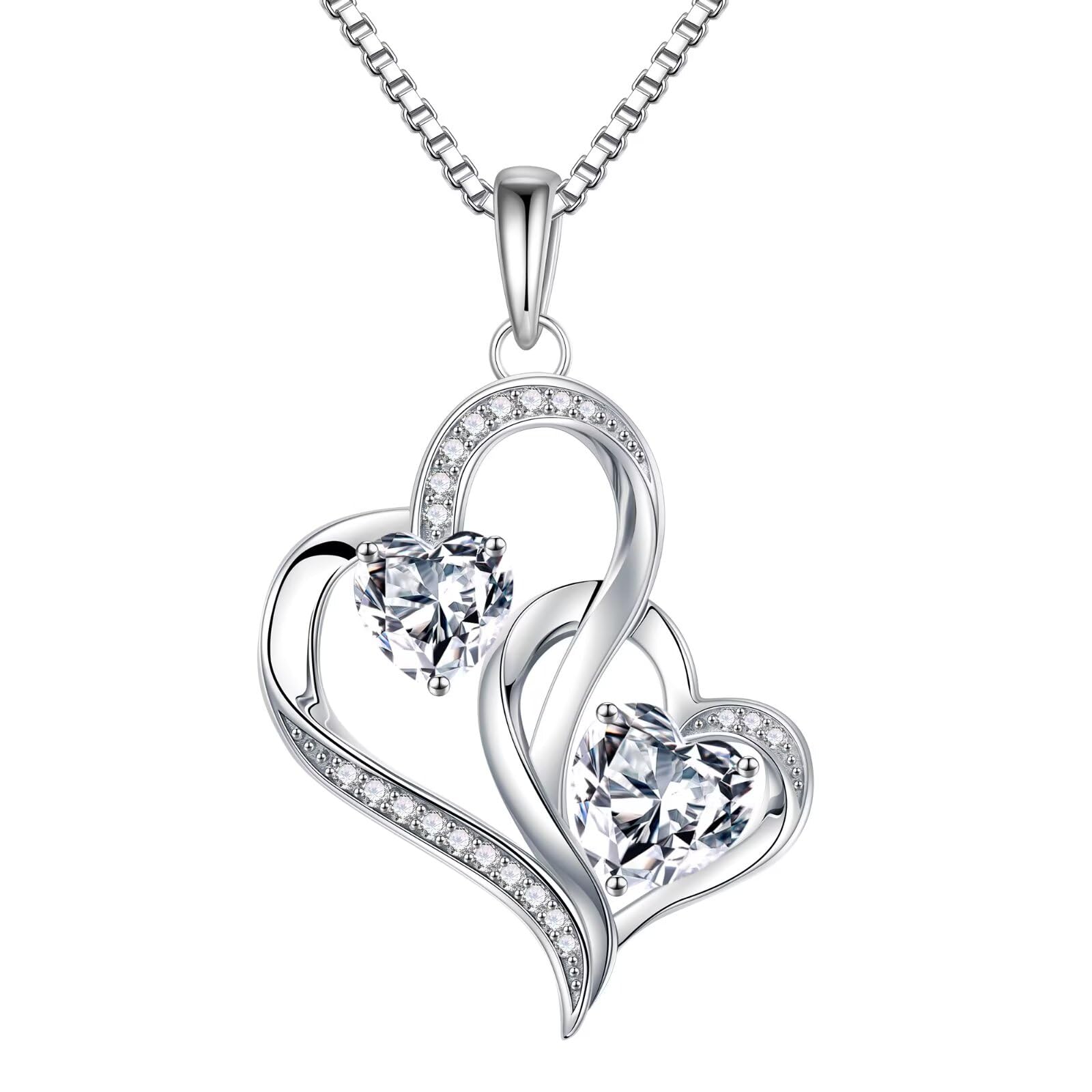 Iefil Christmas Gifts for Women - Double Heart Birthstone Necklace, 925 Sterling Silver Heart Pendant Necklace, Anniversary Birthday Gifts for Women | Personalized Jewelry Gift for Wife Mom Girlfriend