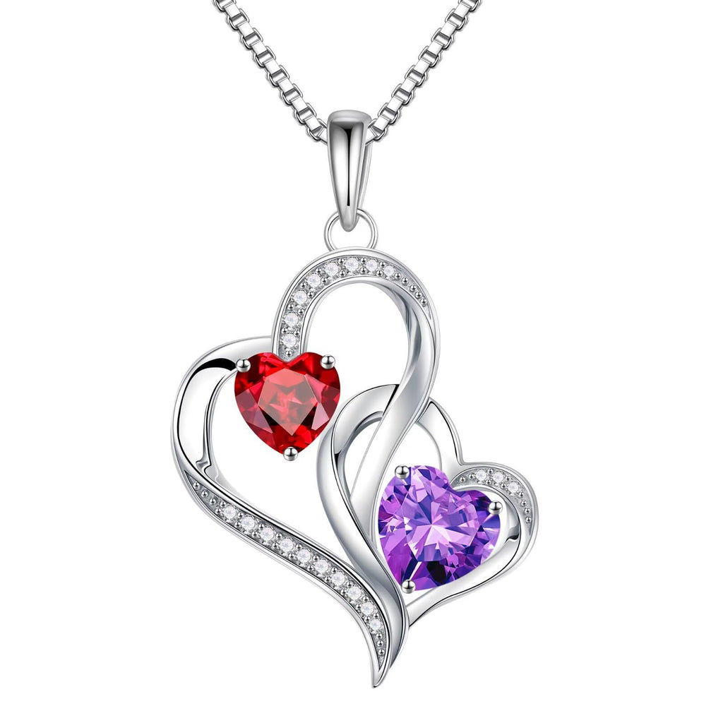 Iefil Christmas Gifts for Women - Double Heart Birthstone Necklace, 925 Sterling Silver Heart Pendant Necklace, Anniversary Birthday Gifts for Women | Personalized Jewelry Gift for Wife Mom Girlfriend