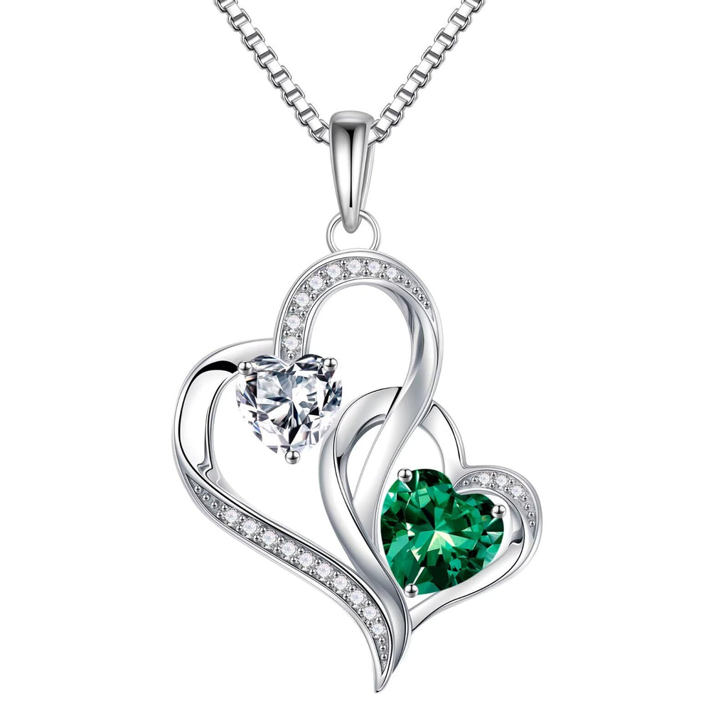 Iefil Christmas Gifts for Women - Double Heart Birthstone Necklace, 925 Sterling Silver Heart Pendant Necklace, Anniversary Birthday Gifts for Women | Personalized Jewelry Gift for Wife Mom Girlfriend