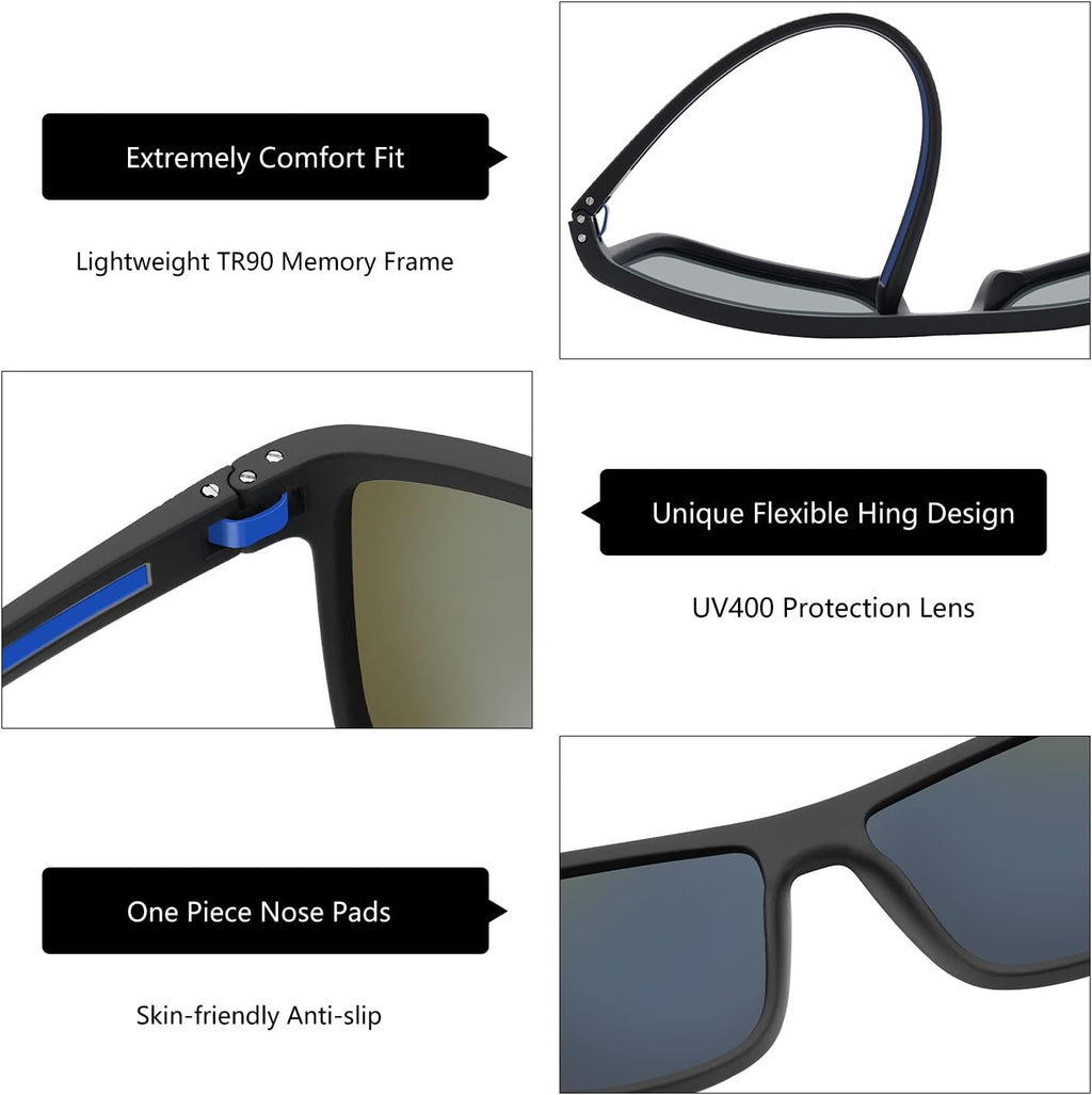 ZENOTTIC Polarized Sunglasses for Men Lightweight TR90 Frame UV400 Protection Square Sun Glasses