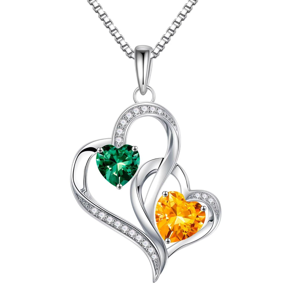 Iefil Christmas Gifts for Women - Double Heart Birthstone Necklace, 925 Sterling Silver Heart Pendant Necklace, Anniversary Birthday Gifts for Women | Personalized Jewelry Gift for Wife Mom Girlfriend