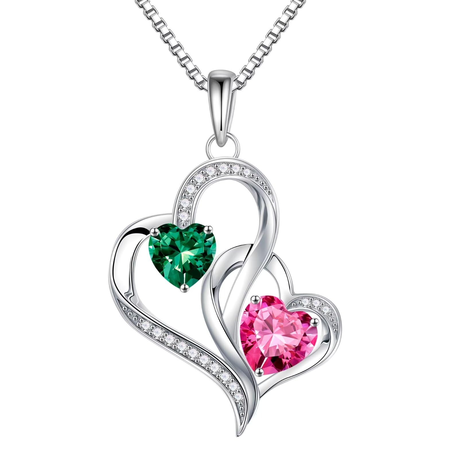 Iefil Christmas Gifts for Women - Double Heart Birthstone Necklace, 925 Sterling Silver Heart Pendant Necklace, Anniversary Birthday Gifts for Women | Personalized Jewelry Gift for Wife Mom Girlfriend