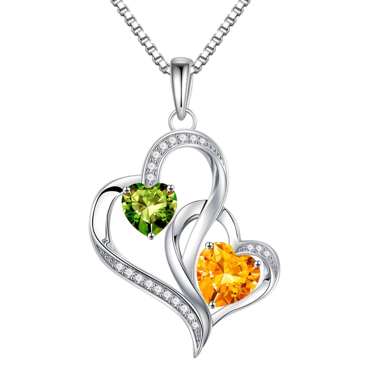 Iefil Christmas Gifts for Women - Double Heart Birthstone Necklace, 925 Sterling Silver Heart Pendant Necklace, Anniversary Birthday Gifts for Women | Personalized Jewelry Gift for Wife Mom Girlfriend