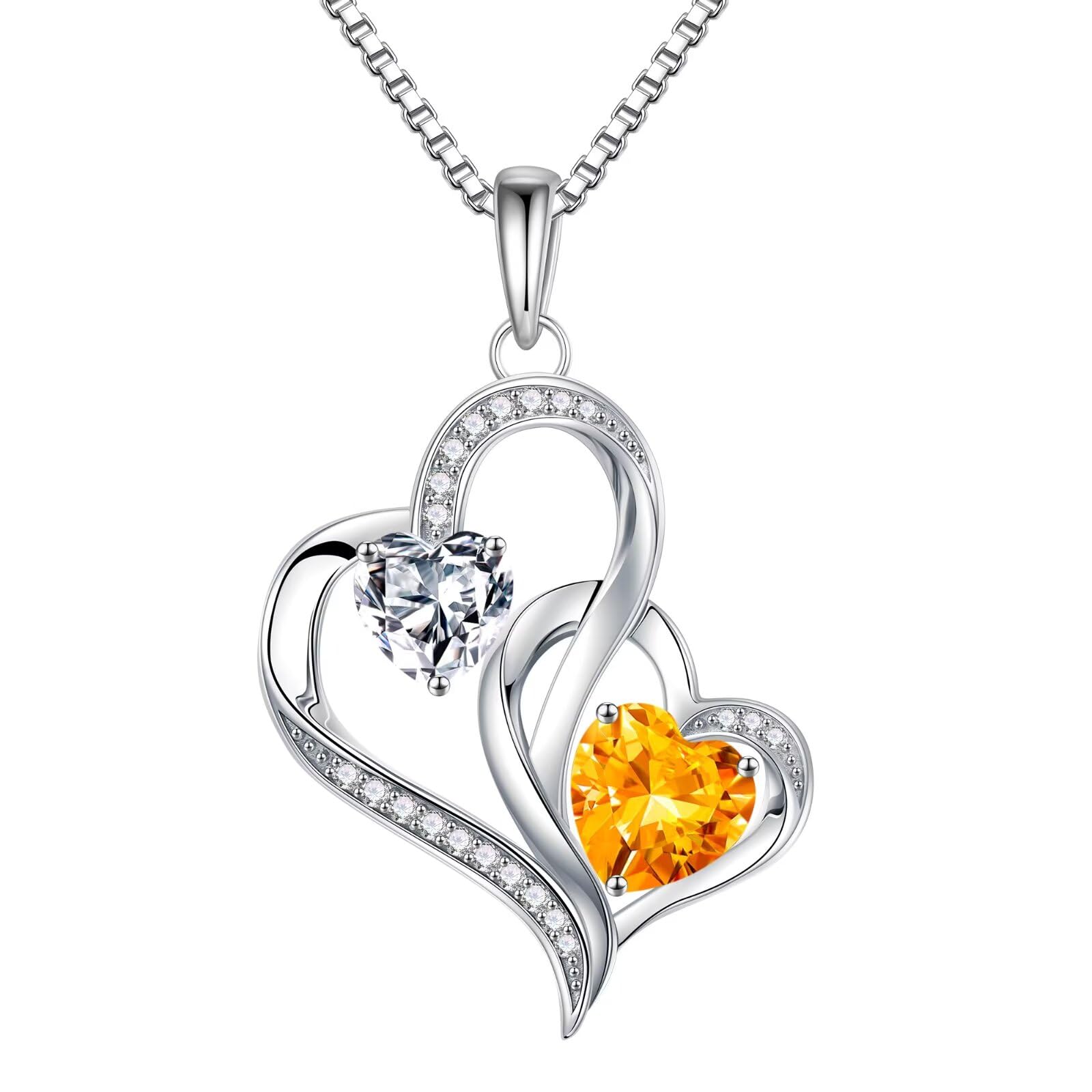 Iefil Christmas Gifts for Women - Double Heart Birthstone Necklace, 925 Sterling Silver Heart Pendant Necklace, Anniversary Birthday Gifts for Women | Personalized Jewelry Gift for Wife Mom Girlfriend