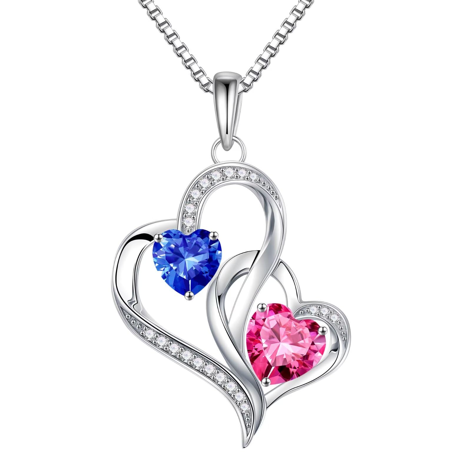 Iefil Christmas Gifts for Women - Double Heart Birthstone Necklace, 925 Sterling Silver Heart Pendant Necklace, Anniversary Birthday Gifts for Women | Personalized Jewelry Gift for Wife Mom Girlfriend