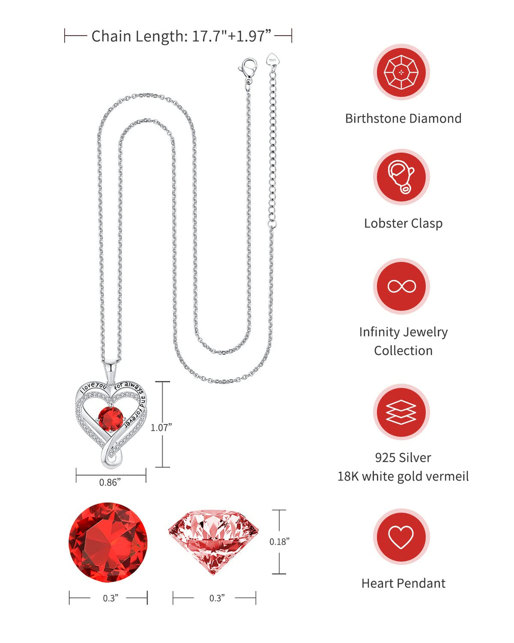 Jewelry for Women Wife Infinity Heart Birthstone I Love You Necklace S925 Anniversary Women Necklaces for Her Wife Birthday Gift Ideas, Birthday Present for Girlfriend Mom Daughter Sterling Silver