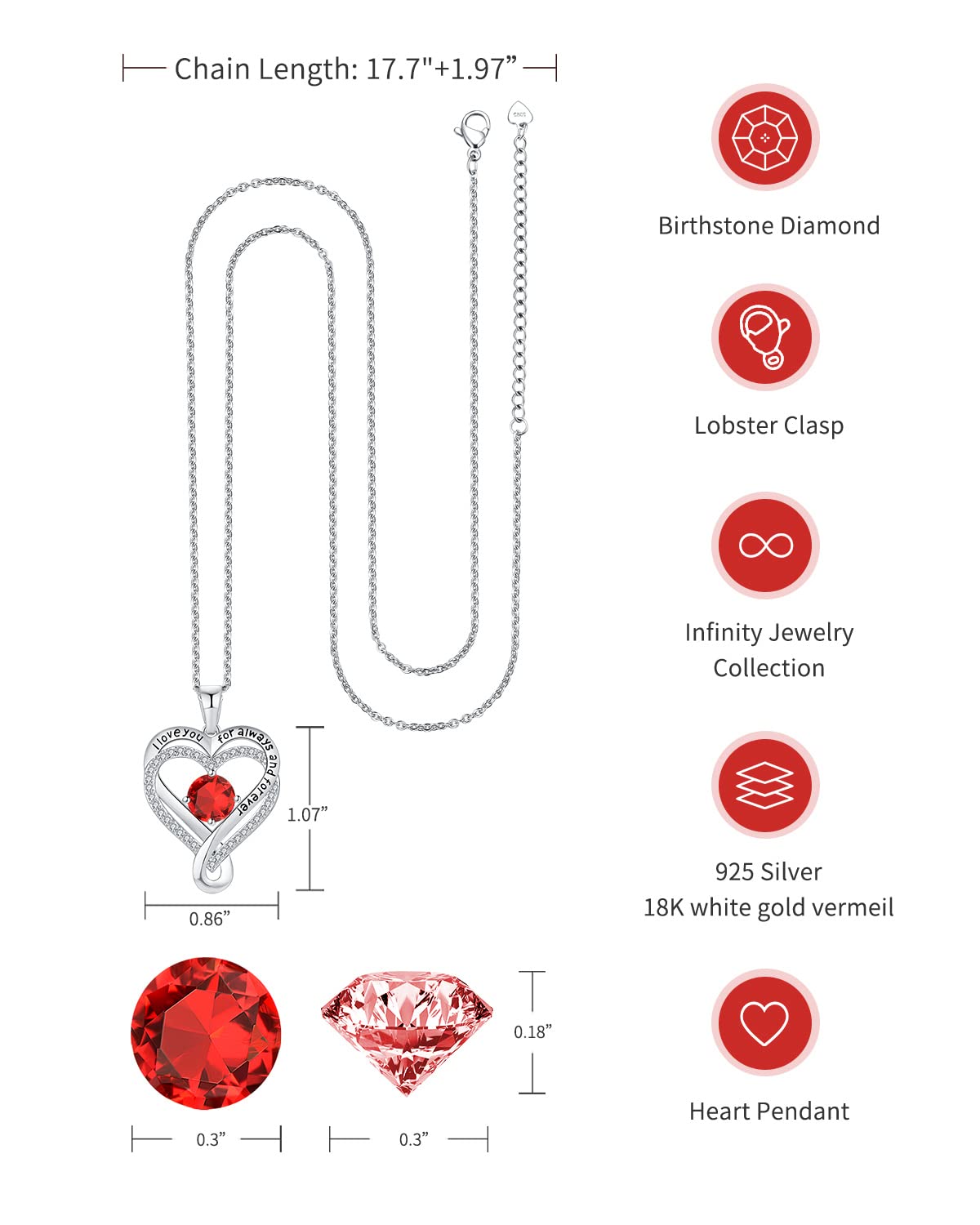 Jewelry for Women Wife Infinity Heart Birthstone I Love You Necklace S925 Anniversary Women Necklaces for Her Wife Birthday Gift Ideas, Birthday Present for Girlfriend Mom Daughter Sterling Silver