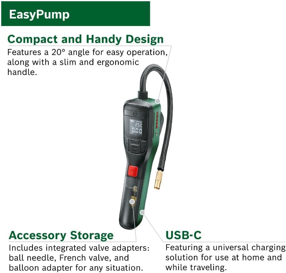 Bosch Cordless Electric Air Pump, Mini Compressor, Rechargeable, 150 PSI, 3.6 V, Autostop Function, LED, USB-C, Portable (EasyPump)
