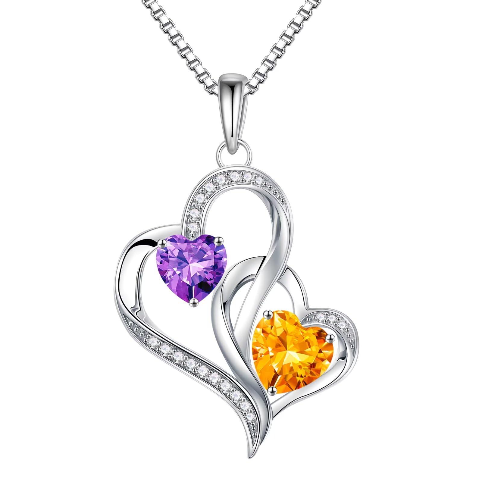 Iefil Christmas Gifts for Women - Double Heart Birthstone Necklace, 925 Sterling Silver Heart Pendant Necklace, Anniversary Birthday Gifts for Women | Personalized Jewelry Gift for Wife Mom Girlfriend