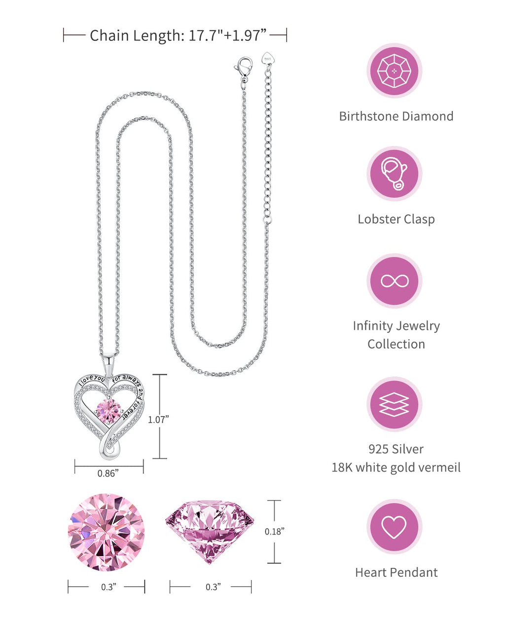 Jewelry for Women Wife Infinity Heart Birthstone I Love You Necklace S925 Anniversary Women Necklaces for Her Wife Birthday Gift Ideas, Birthday Present for Girlfriend Mom Daughter Sterling Silver