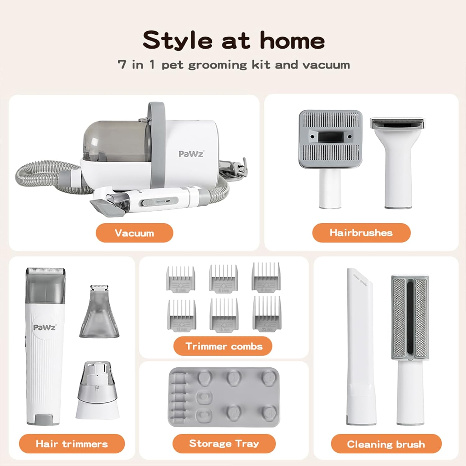 PaWz Pet Grooming Kit 3 Vacuum Levels, 7 IN 1 Electric Cordless Dog Cat Grooming Set with Paw Hair Trimmer,Cleaning Brush for Shedding,Wireless Dryer Remover Clipper,1.5L Cup, Low Nosie Pet Supplies