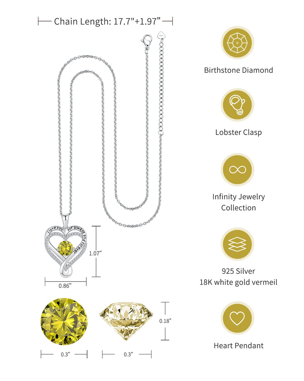 Jewelry for Women Wife Infinity Heart Birthstone I Love You Necklace S925 Anniversary Women Necklaces for Her Wife Birthday Gift Ideas, Birthday Present for Girlfriend Mom Daughter Sterling Silver