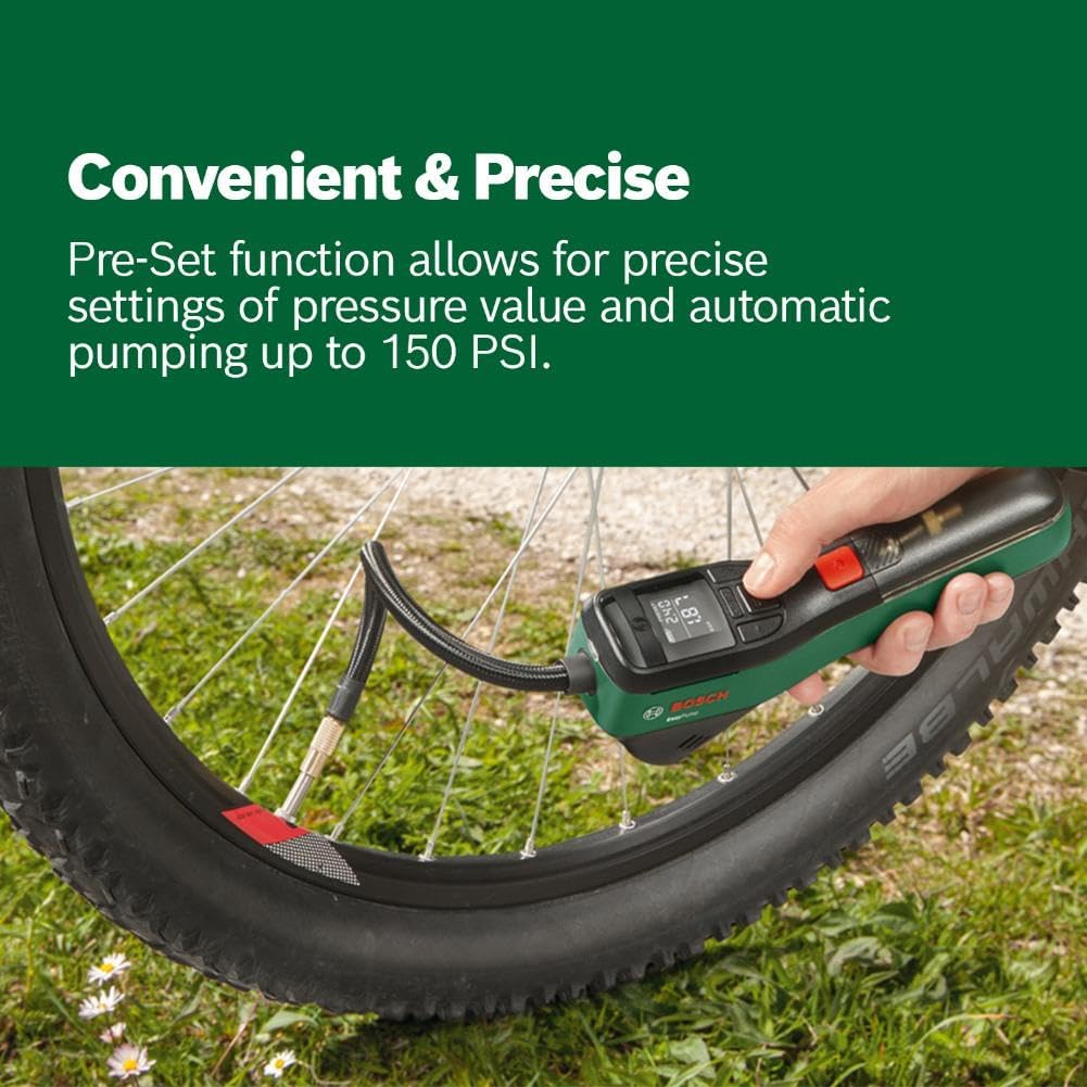 Bosch Cordless Electric Air Pump, Mini Compressor, Rechargeable, 150 PSI, 3.6 V, Autostop Function, LED, USB-C, Portable (EasyPump)