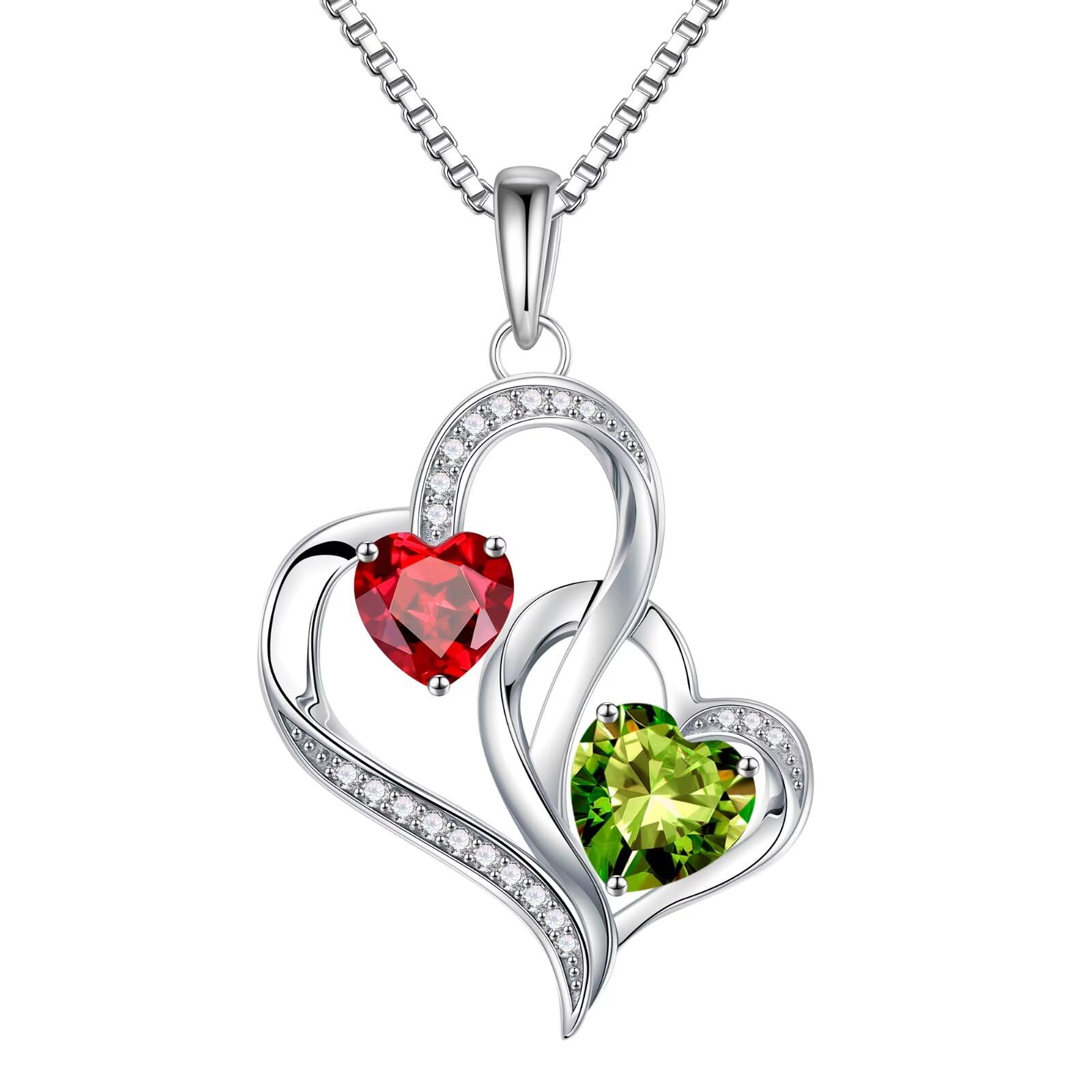 Iefil Christmas Gifts for Women - Double Heart Birthstone Necklace, 925 Sterling Silver Heart Pendant Necklace, Anniversary Birthday Gifts for Women | Personalized Jewelry Gift for Wife Mom Girlfriend