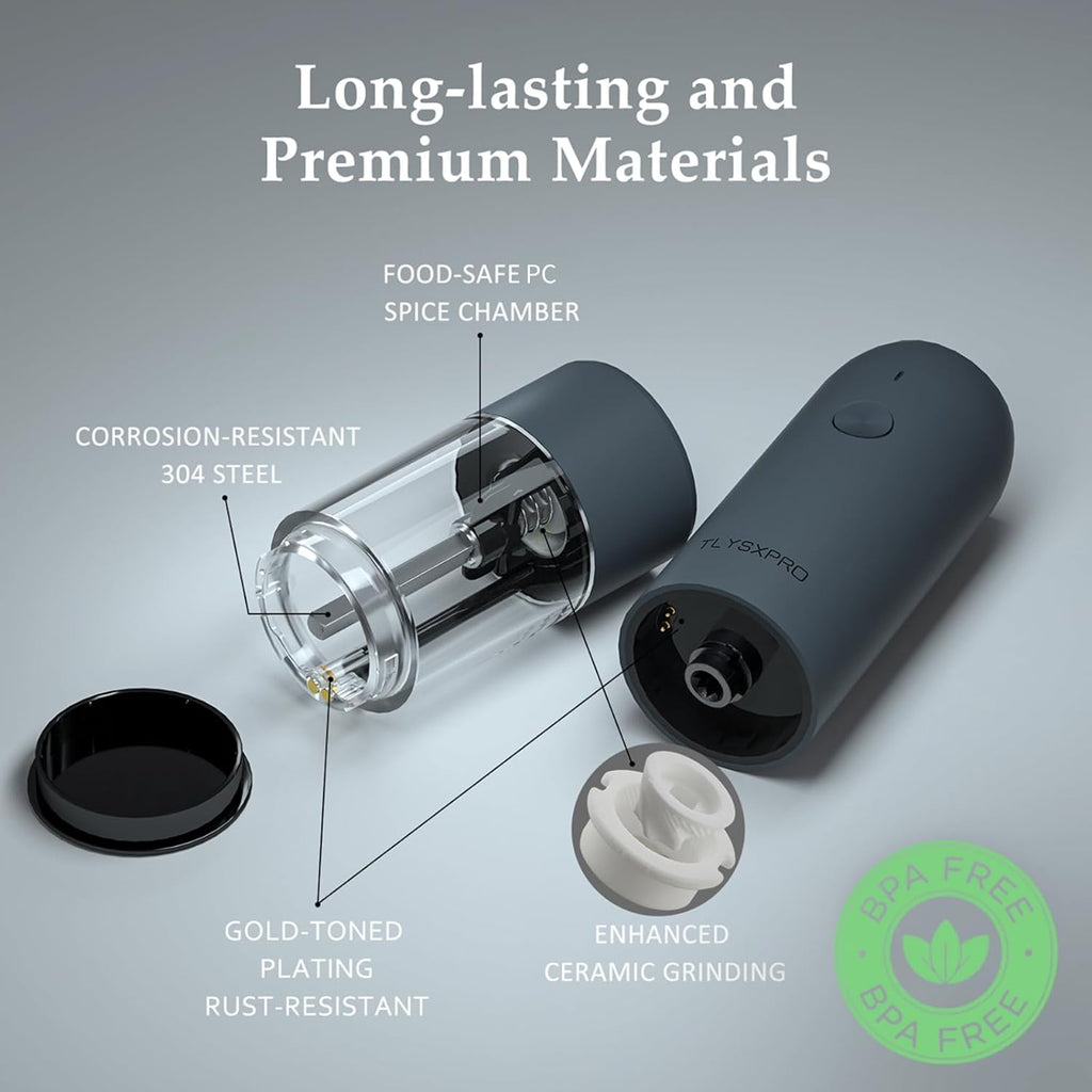 Electric Salt and Pepper Grinder Set, USB Rechargeable, Automatic Salt and Pepper Mill with Adjustable Coarseness, Electric Pepper Shakers, LED Light, Refillable, Kitchen Gadgets (2 Packs, Black)