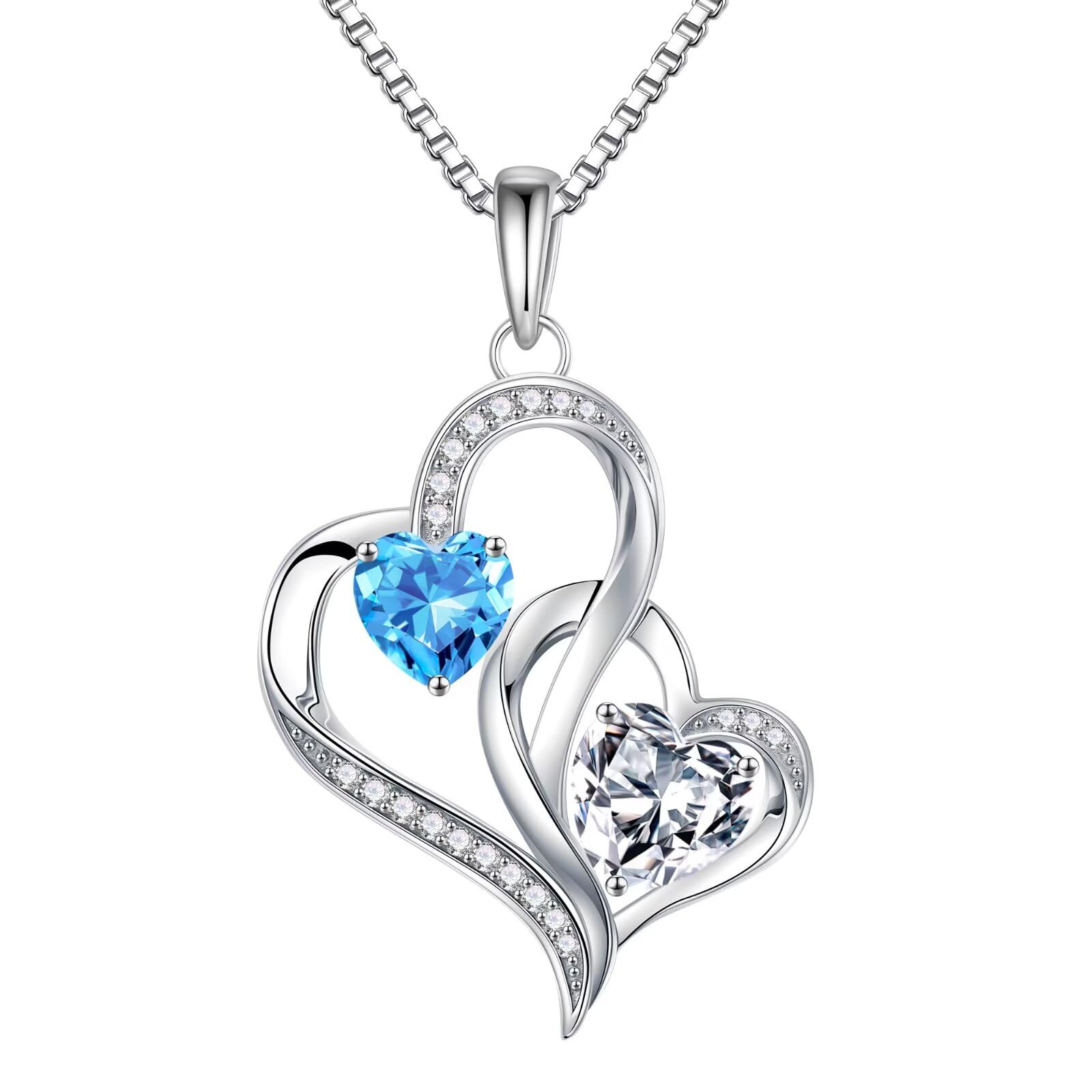 Iefil Christmas Gifts for Women - Double Heart Birthstone Necklace, 925 Sterling Silver Heart Pendant Necklace, Anniversary Birthday Gifts for Women | Personalized Jewelry Gift for Wife Mom Girlfriend