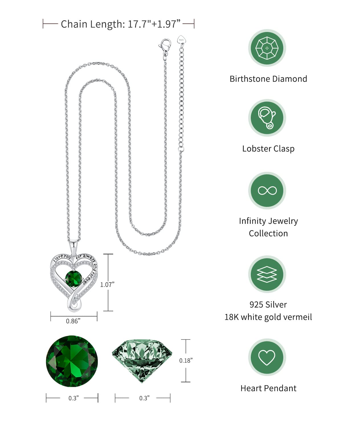 Jewelry for Women Wife Infinity Heart Birthstone I Love You Necklace S925 Anniversary Women Necklaces for Her Wife Birthday Gift Ideas, Birthday Present for Girlfriend Mom Daughter Sterling Silver