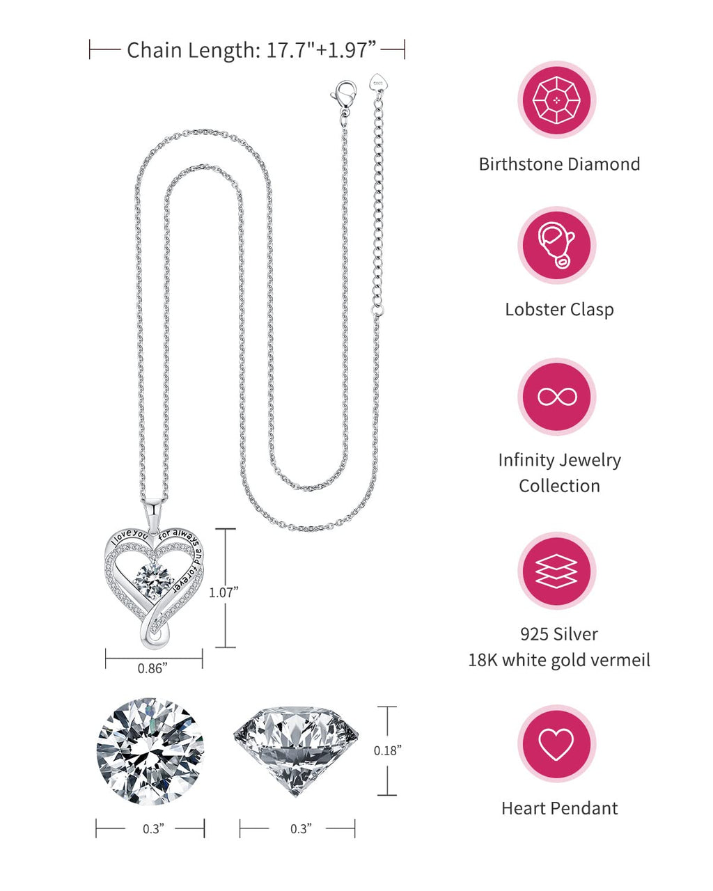 Jewelry for Women Wife Infinity Heart Birthstone I Love You Necklace S925 Anniversary Women Necklaces for Her Wife Birthday Gift Ideas, Birthday Present for Girlfriend Mom Daughter Sterling Silver