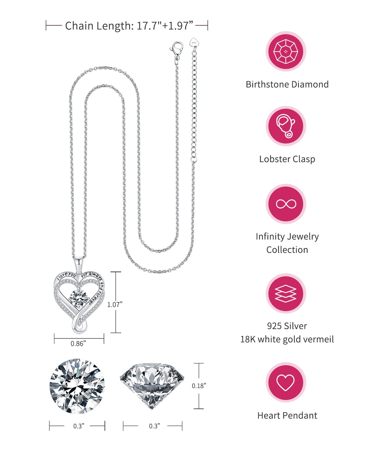 Jewelry for Women Wife Infinity Heart Birthstone I Love You Necklace S925 Anniversary Women Necklaces for Her Wife Birthday Gift Ideas, Birthday Present for Girlfriend Mom Daughter Sterling Silver