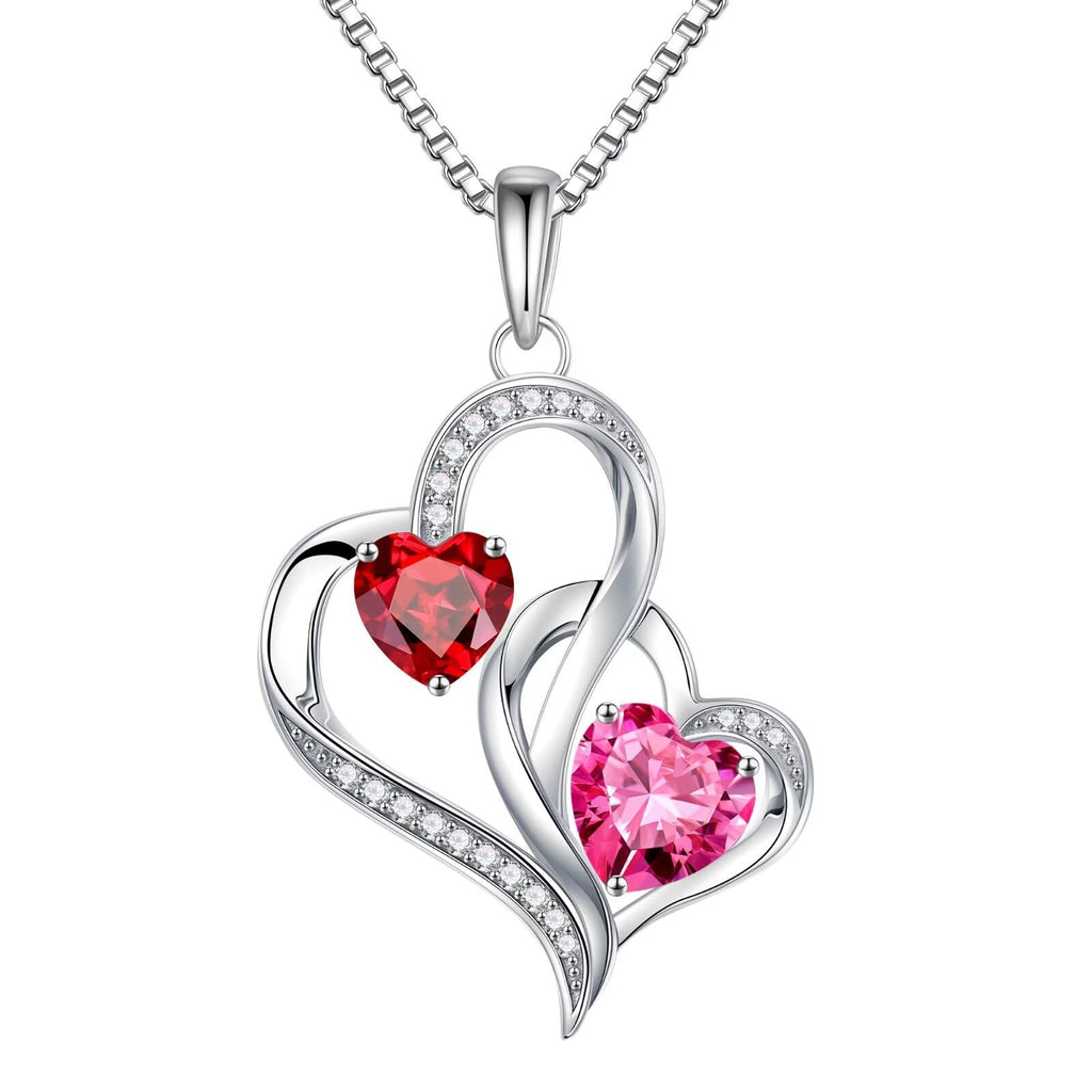 Iefil Christmas Gifts for Women - Double Heart Birthstone Necklace, 925 Sterling Silver Heart Pendant Necklace, Anniversary Birthday Gifts for Women | Personalized Jewelry Gift for Wife Mom Girlfriend