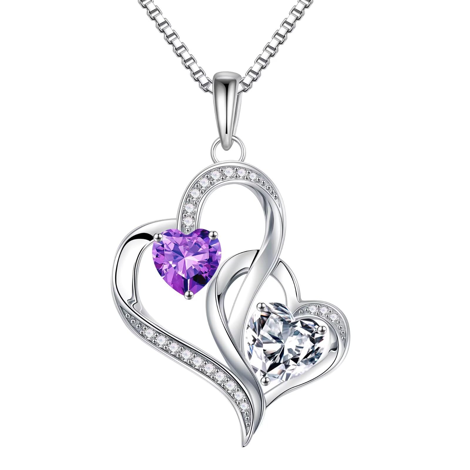 Iefil Christmas Gifts for Women - Double Heart Birthstone Necklace, 925 Sterling Silver Heart Pendant Necklace, Anniversary Birthday Gifts for Women | Personalized Jewelry Gift for Wife Mom Girlfriend
