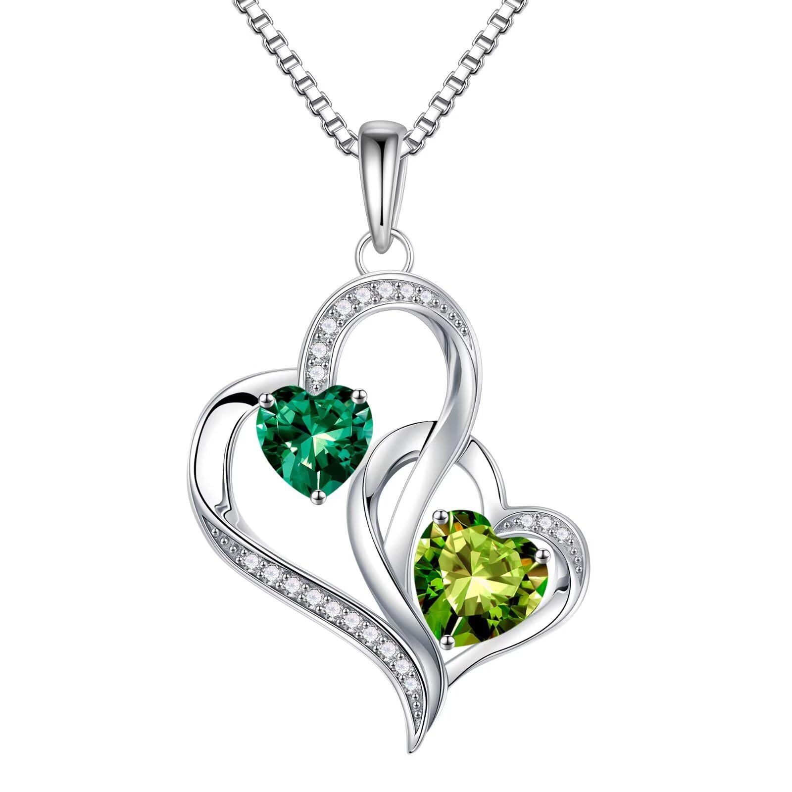 Iefil Christmas Gifts for Women - Double Heart Birthstone Necklace, 925 Sterling Silver Heart Pendant Necklace, Anniversary Birthday Gifts for Women | Personalized Jewelry Gift for Wife Mom Girlfriend