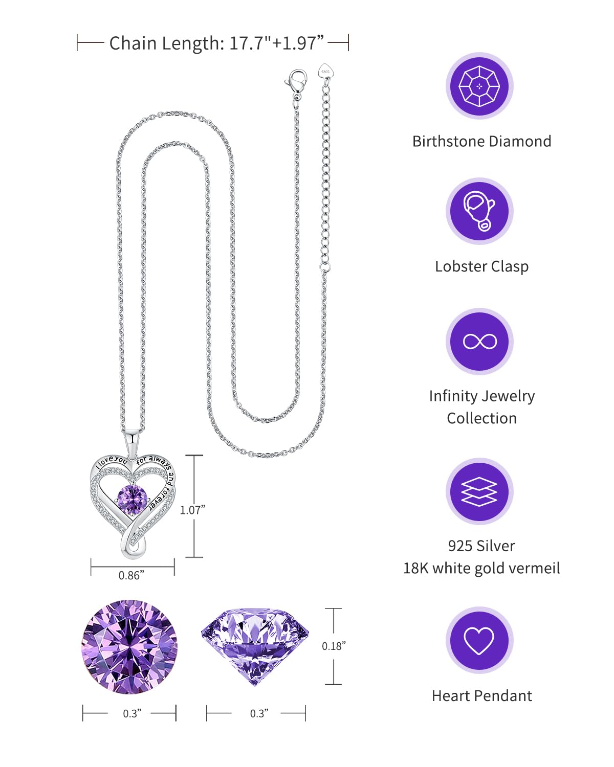 Jewelry for Women Wife Infinity Heart Birthstone I Love You Necklace S925 Anniversary Women Necklaces for Her Wife Birthday Gift Ideas, Birthday Present for Girlfriend Mom Daughter Sterling Silver