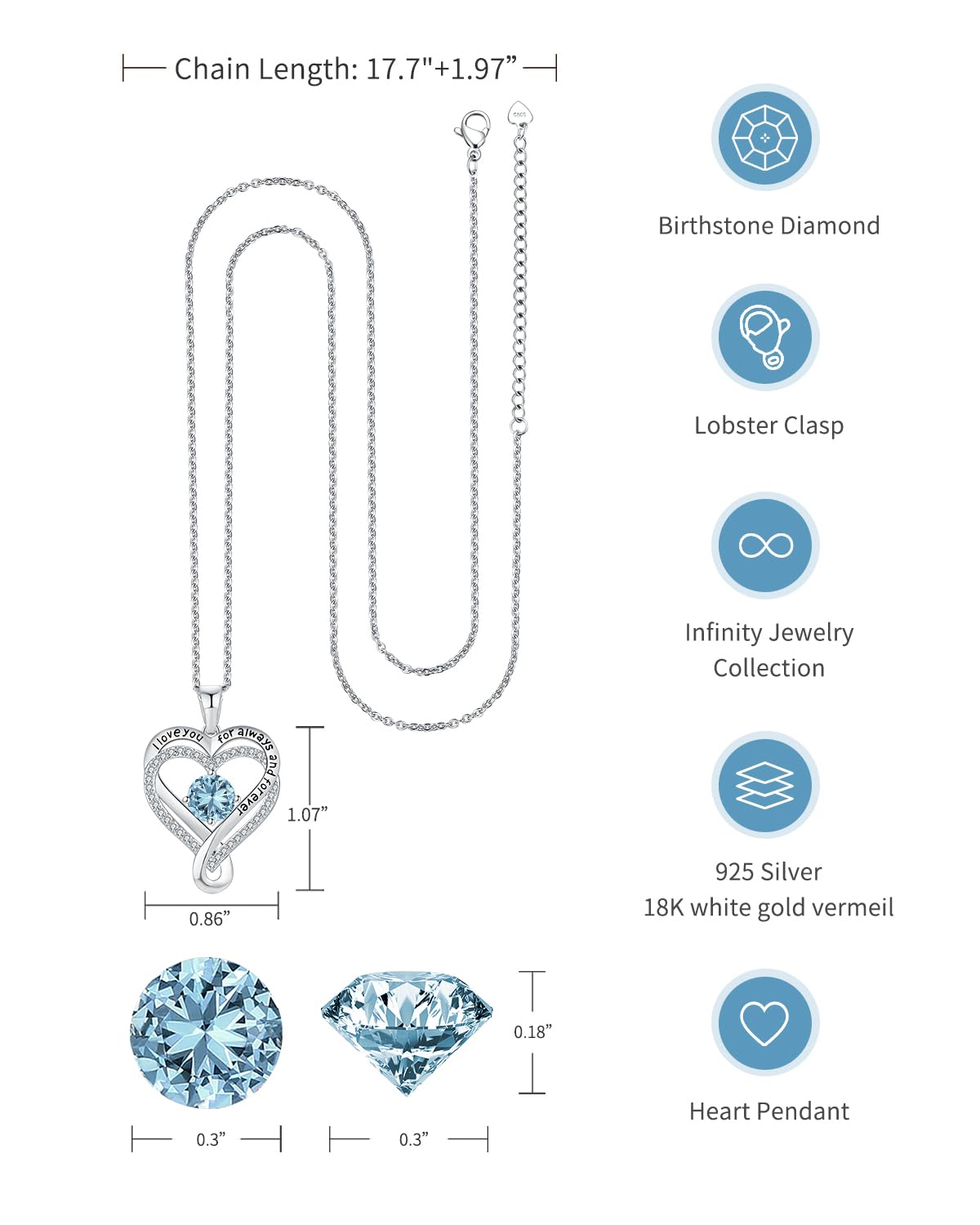 Jewelry for Women Wife Infinity Heart Birthstone I Love You Necklace S925 Anniversary Women Necklaces for Her Wife Birthday Gift Ideas, Birthday Present for Girlfriend Mom Daughter Sterling Silver