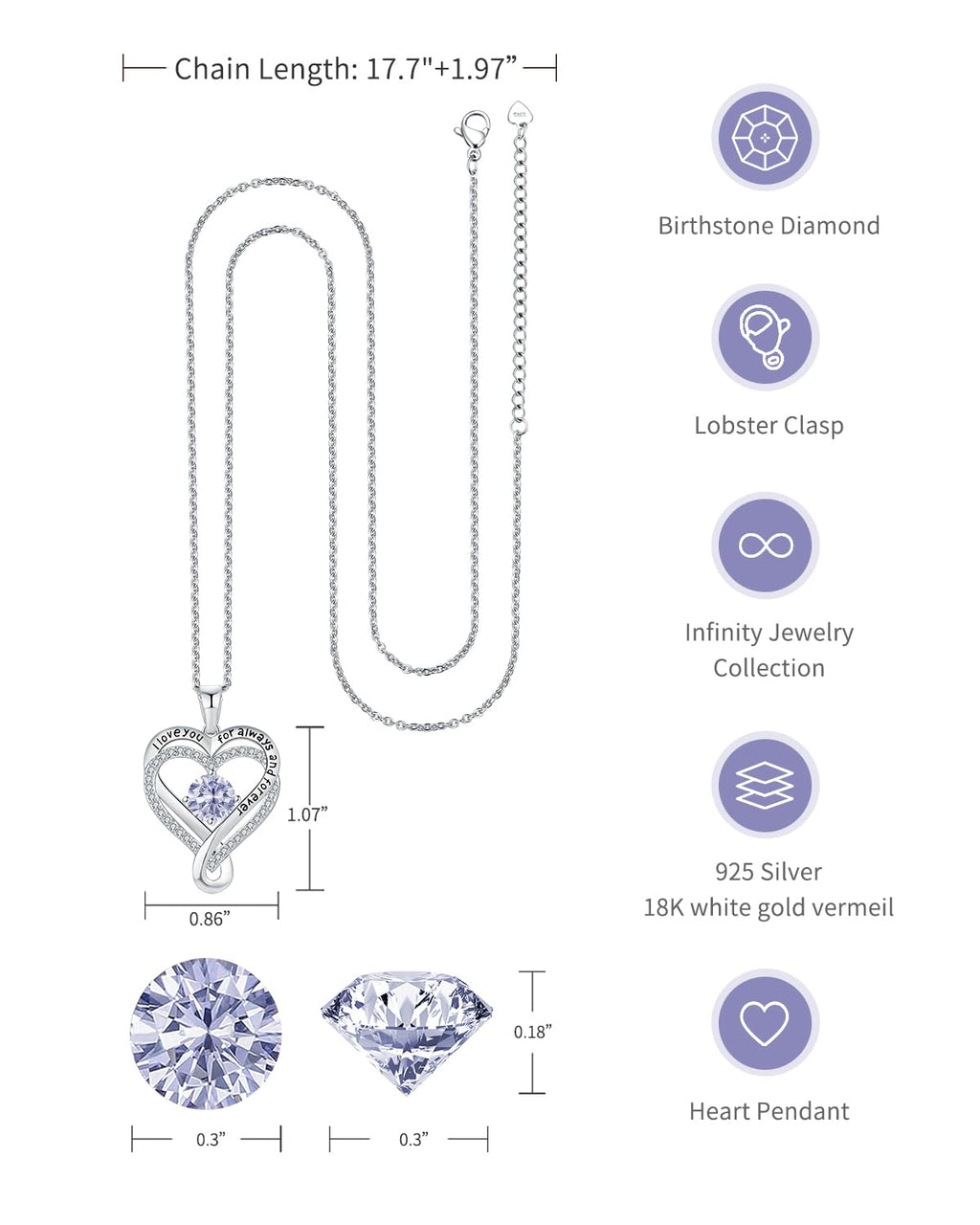 Jewelry for Women Wife Infinity Heart Birthstone I Love You Necklace S925 Anniversary Women Necklaces for Her Wife Birthday Gift Ideas, Birthday Present for Girlfriend Mom Daughter Sterling Silver