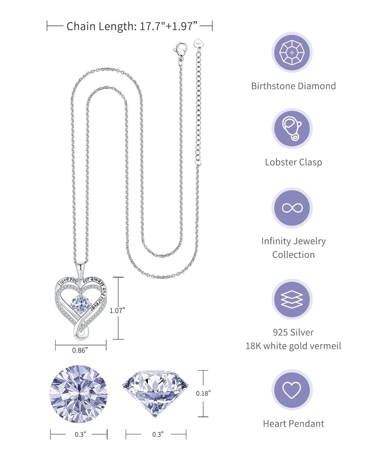 Jewelry for Women Wife Infinity Heart Birthstone I Love You Necklace S925 Anniversary Women Necklaces for Her Wife Birthday Gift Ideas, Birthday Present for Girlfriend Mom Daughter Sterling Silver