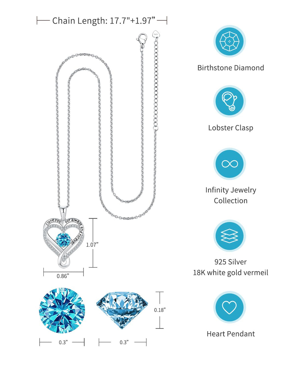 Jewelry for Women Wife Infinity Heart Birthstone I Love You Necklace S925 Anniversary Women Necklaces for Her Wife Birthday Gift Ideas, Birthday Present for Girlfriend Mom Daughter Sterling Silver