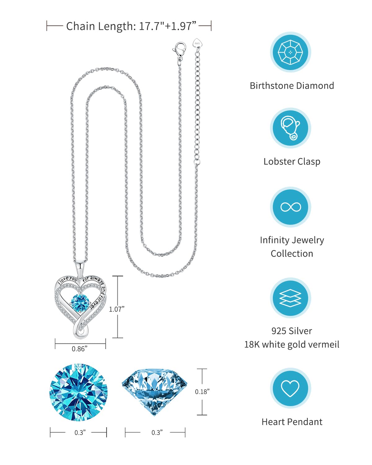 Jewelry for Women Wife Infinity Heart Birthstone I Love You Necklace S925 Anniversary Women Necklaces for Her Wife Birthday Gift Ideas, Birthday Present for Girlfriend Mom Daughter Sterling Silver