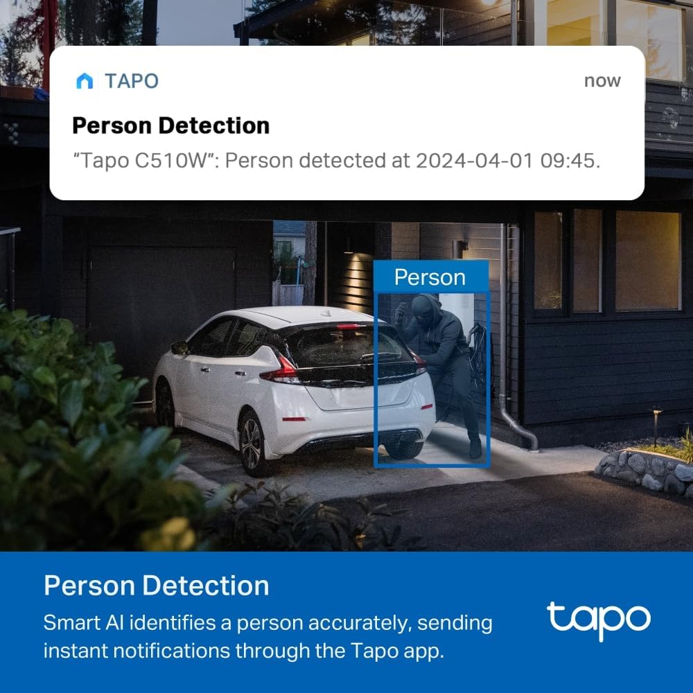Tapo TP-Link Outdoor Security Wi-Fi Camera, Wireless, 2K, Full-Colour Night Vision, 24/7, 360°, Free AI Tracking, Smart Motion Detection, IP65, Sound & Light Alarm, microSD Card Slot (Tapo C510W)