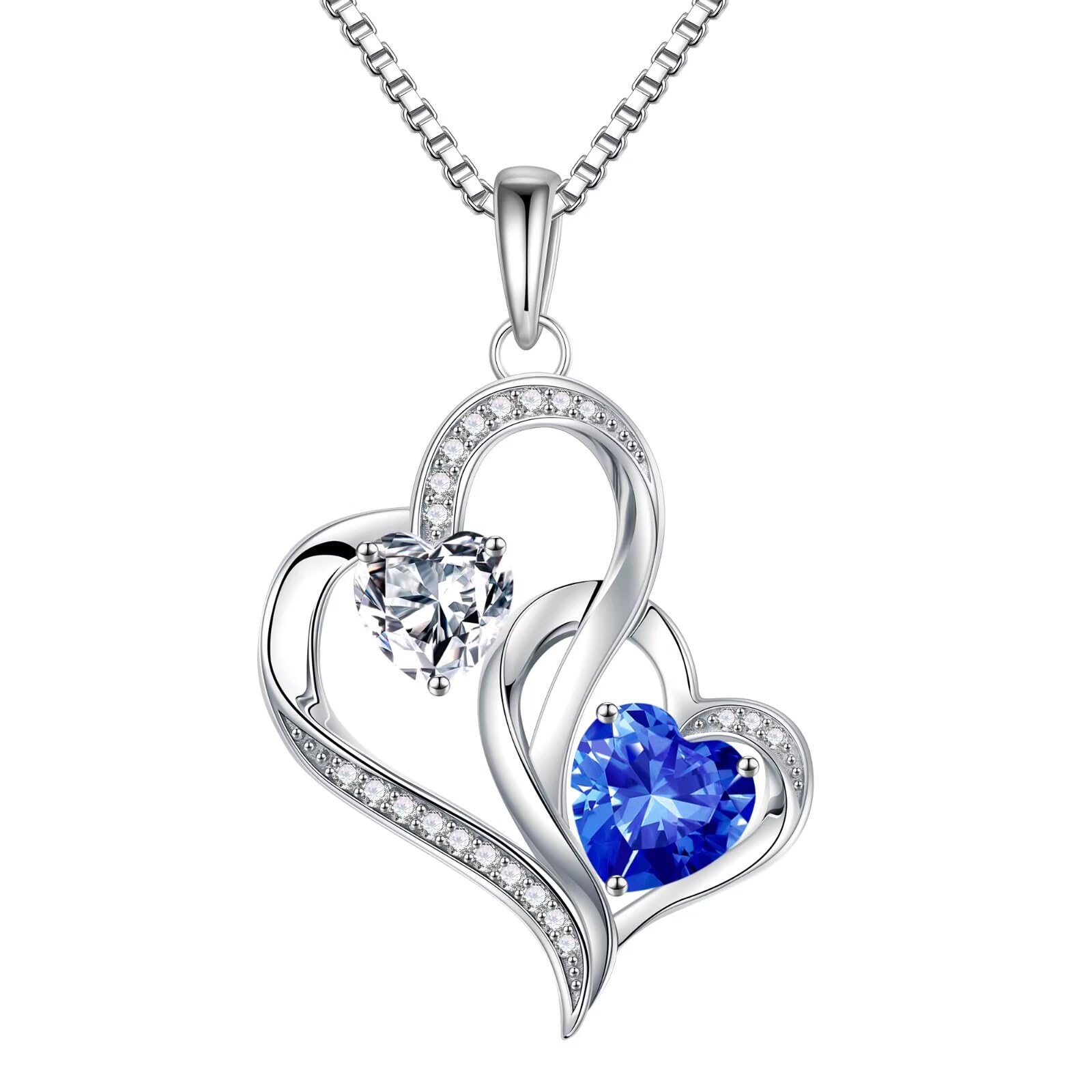 Iefil Christmas Gifts for Women - Double Heart Birthstone Necklace, 925 Sterling Silver Heart Pendant Necklace, Anniversary Birthday Gifts for Women | Personalized Jewelry Gift for Wife Mom Girlfriend