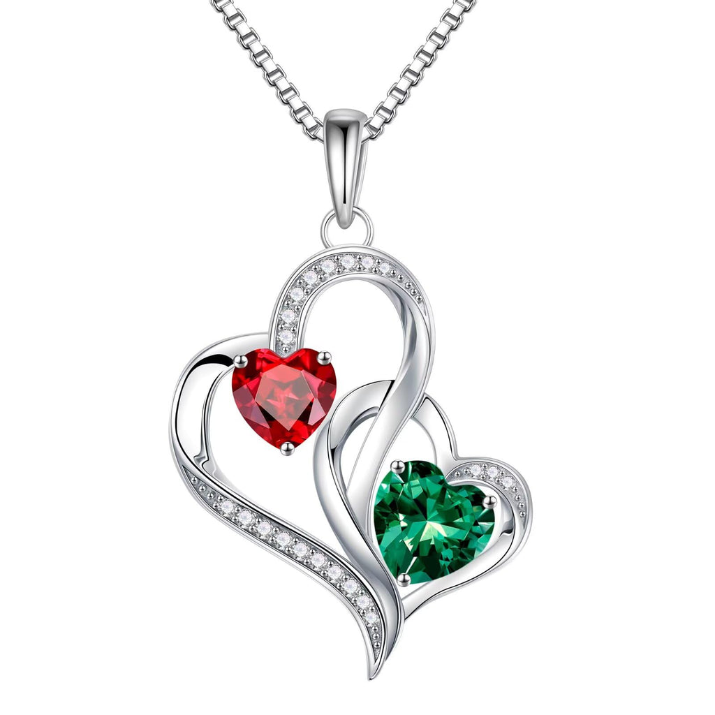 Iefil Christmas Gifts for Women - Double Heart Birthstone Necklace, 925 Sterling Silver Heart Pendant Necklace, Anniversary Birthday Gifts for Women | Personalized Jewelry Gift for Wife Mom Girlfriend