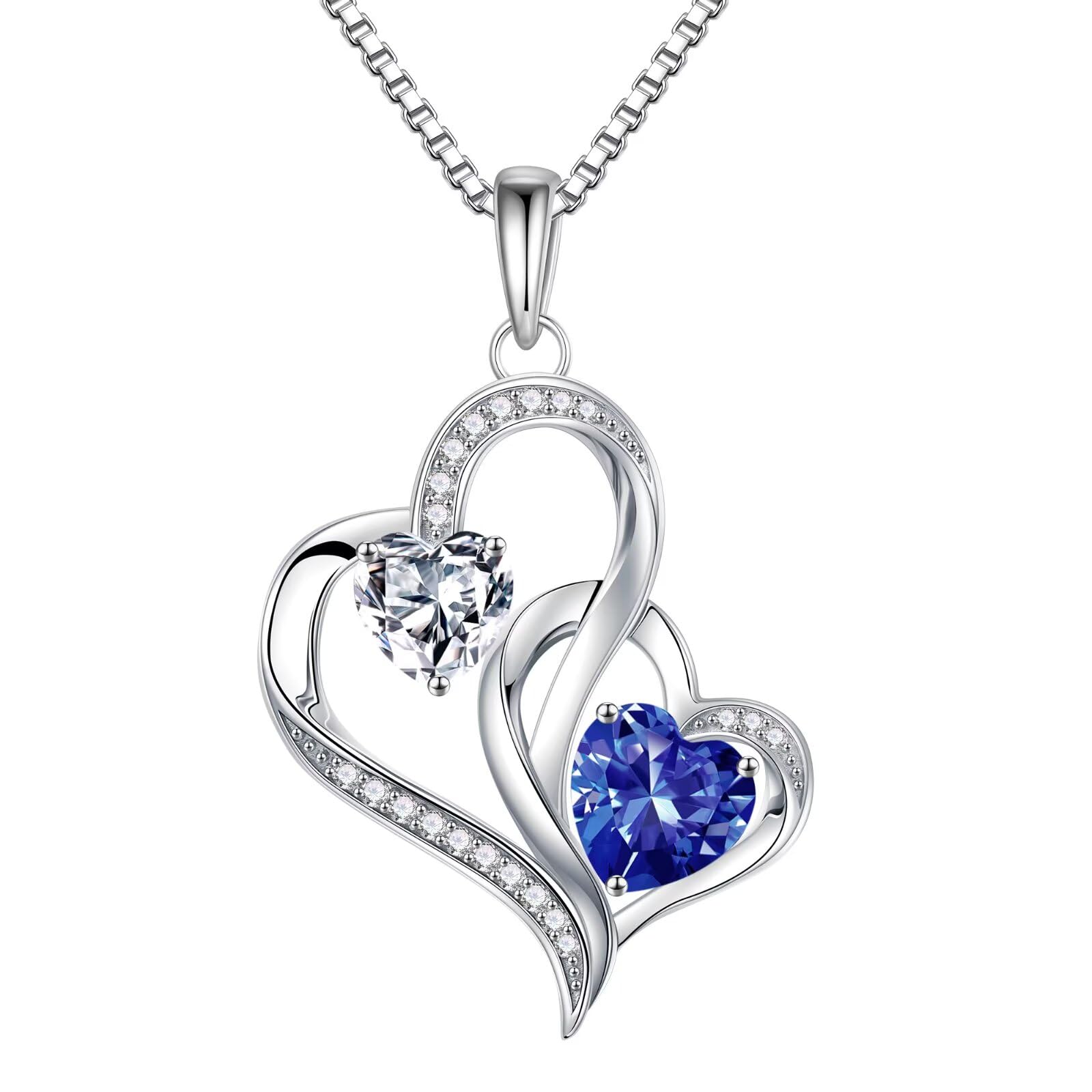 Iefil Christmas Gifts for Women - Double Heart Birthstone Necklace, 925 Sterling Silver Heart Pendant Necklace, Anniversary Birthday Gifts for Women | Personalized Jewelry Gift for Wife Mom Girlfriend