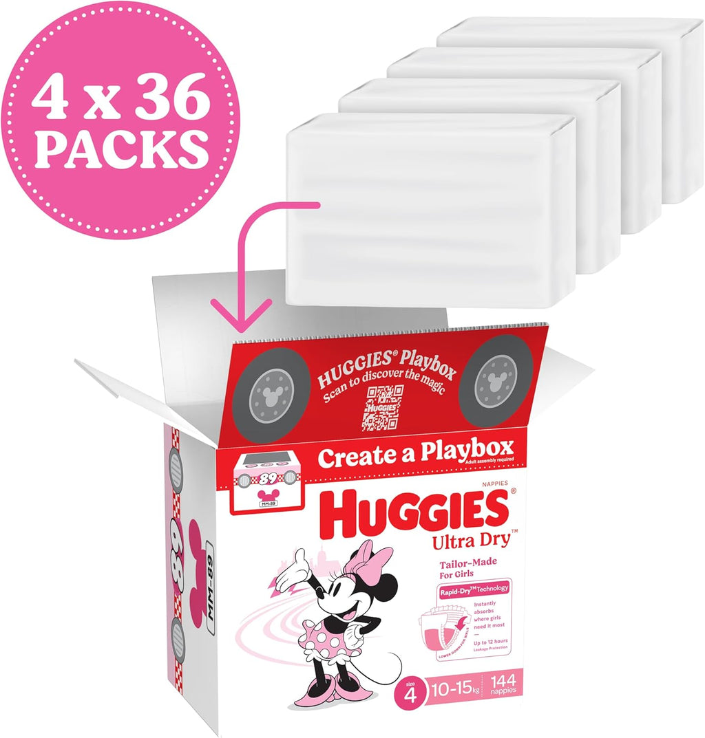 Huggies Ultra Dry Nappies Girls Size 4 (10-15kg) 144 Count - One Month Supply (Packaging May Vary)