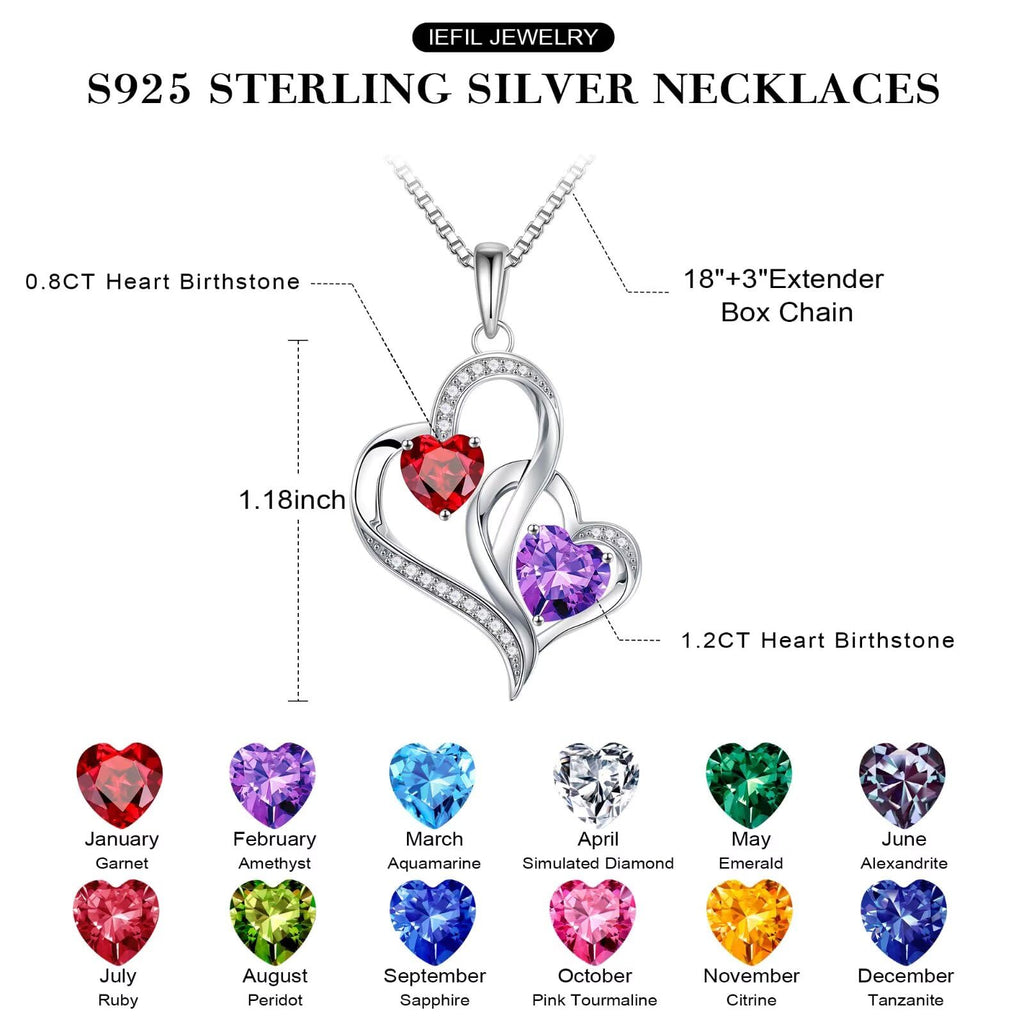 Iefil Christmas Gifts for Women - Double Heart Birthstone Necklace, 925 Sterling Silver Heart Pendant Necklace, Anniversary Birthday Gifts for Women | Personalized Jewelry Gift for Wife Mom Girlfriend