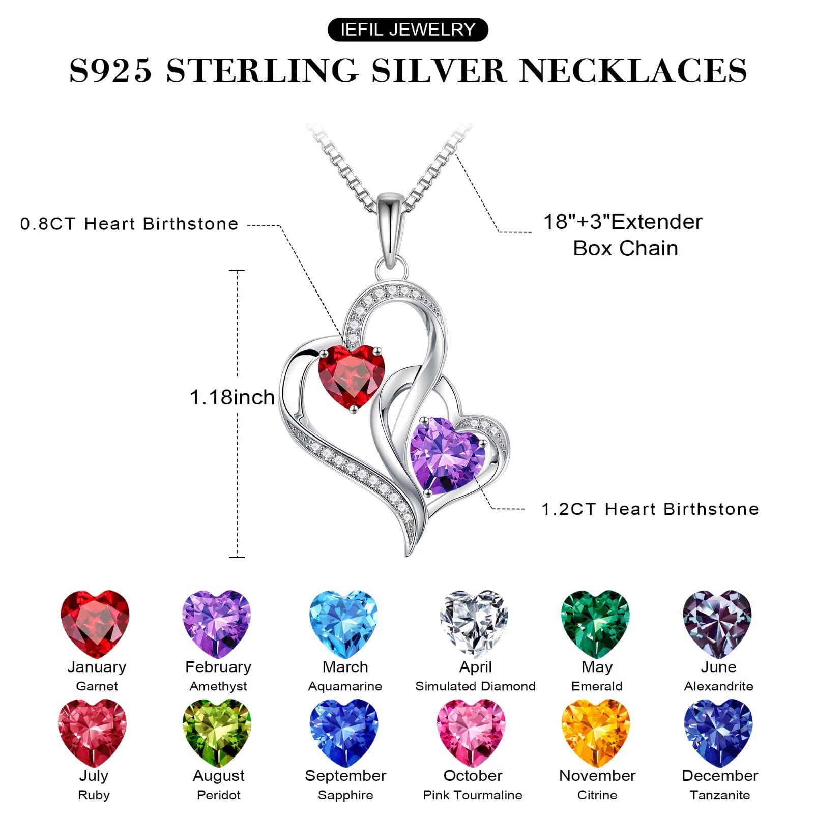 Iefil Christmas Gifts for Women - Double Heart Birthstone Necklace, 925 Sterling Silver Heart Pendant Necklace, Anniversary Birthday Gifts for Women | Personalized Jewelry Gift for Wife Mom Girlfriend