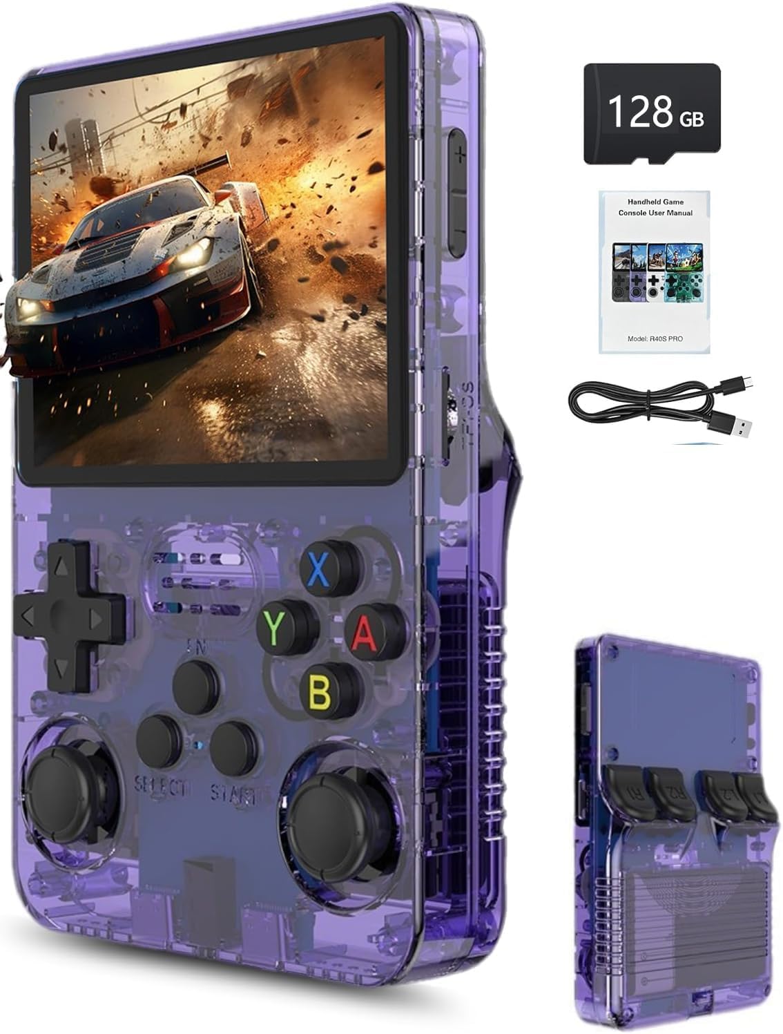R36s Retro Gaming Console 3.5 Inch 21000+ Games Retro Handheld Game Console, Video Game Console with Dual Stylem Linux/Garlic Supports & Dual 3D Joysticks -128G -Purple