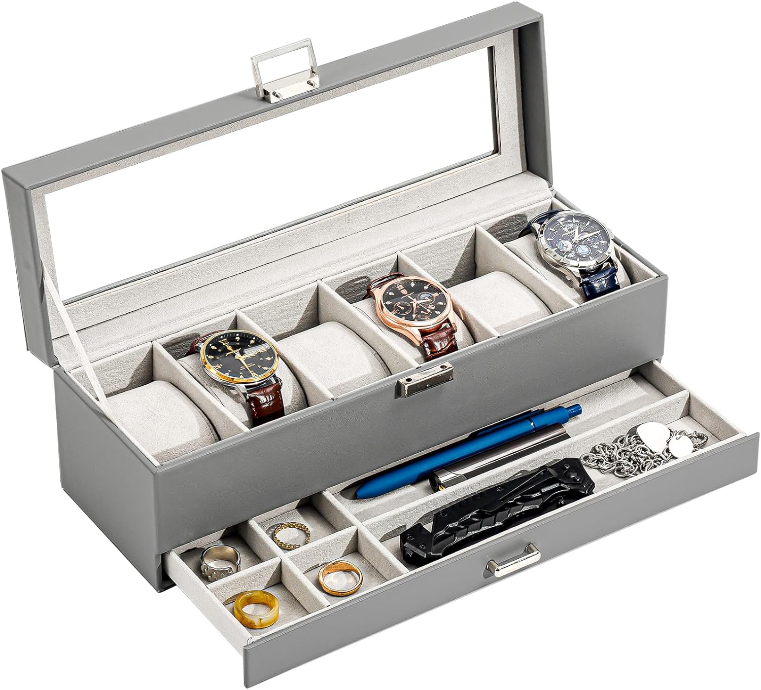 ProCase 3 Slot Watch Box with Drawer, Double-layer Jewelry Organizer Box with Glass Lid