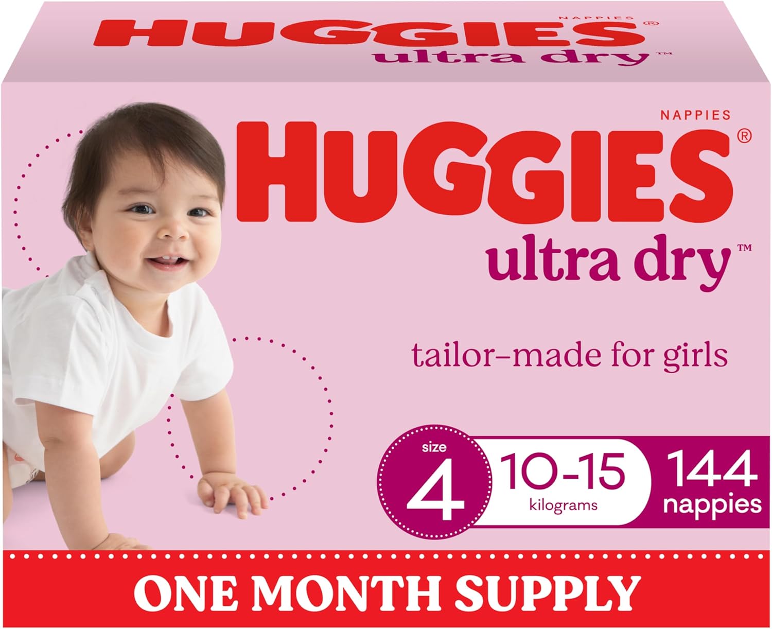 Huggies Ultra Dry Nappies Girls Size 4 (10-15kg) 144 Count - One Month Supply (Packaging May Vary)