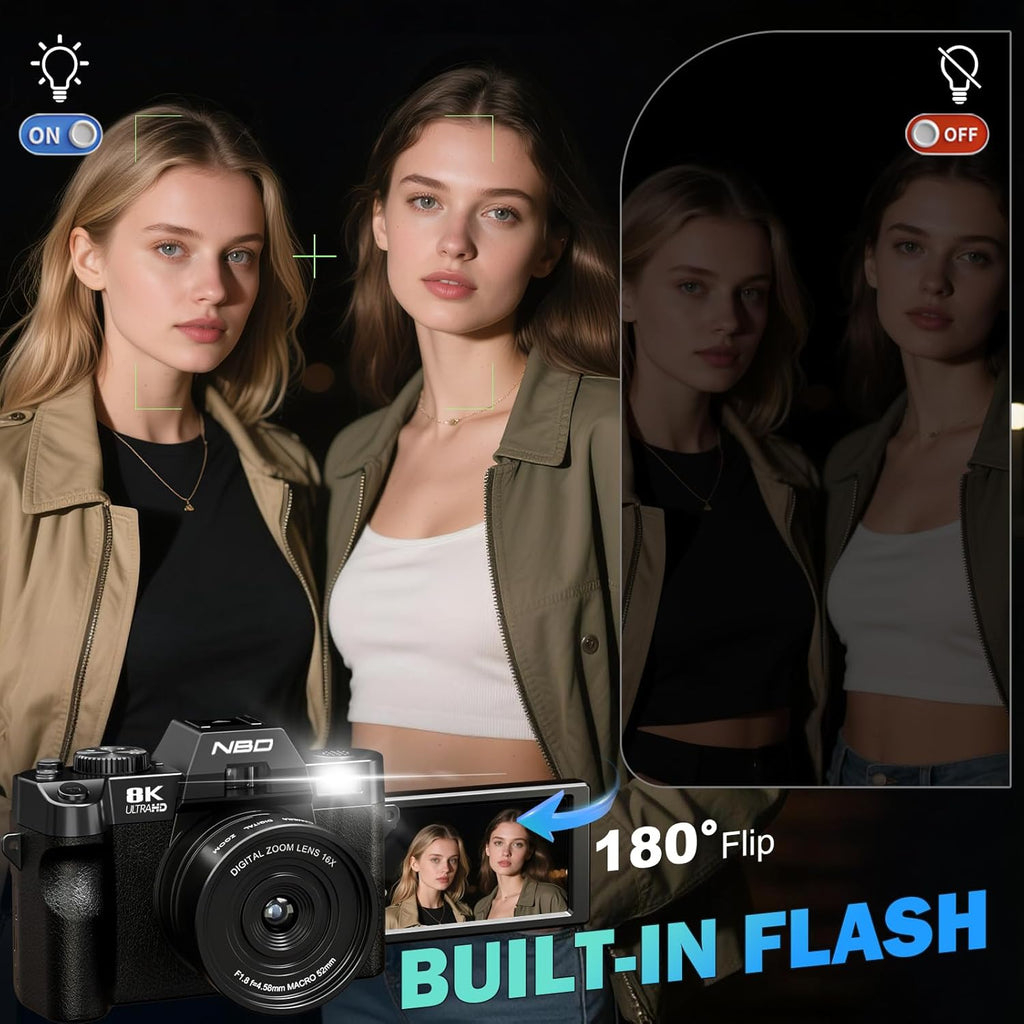 NBD 8K 64MP Digital Camera, Wi-Fi & App Control, 16X Zoom, Autofocus, Anti-Shake, 180° Flip Screen, Macro & Wide-Angle Lenses, Webcam Function, Includes 64GB TF Card & 2 Batteries（Black）