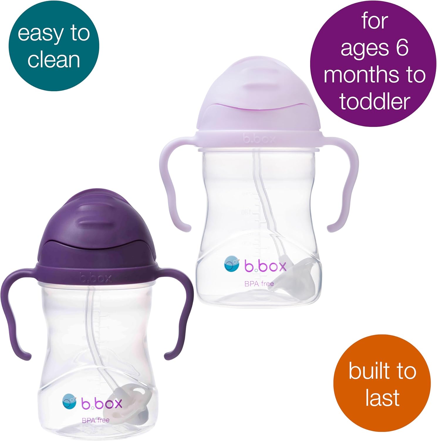 b.box Sippy Cup with Weighted Straw for 6 Month Plus Babies to Toddlers, Grape/Boysenberry, 240 ml Capacity (Pack of 2)