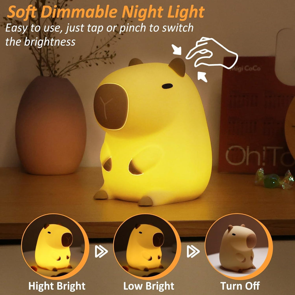 FULLOSUN Capybara Night Light, Cute Animal Soft Silicone LED Touch Lamp with Dimmable and Timer, Portable Rechargeable Toddler Bedroom Bedside Table Decor, Birthday Xmas Gifts for Kid Baby Boy Girl