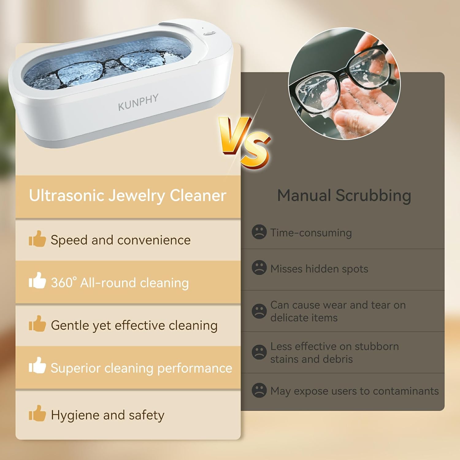 KUNPHY Ultrasonic Jewelry Cleaner, Jewellry Cleaner Machine 350ml 46KHz, Professional Sonic Cleaner with One-Touch Operation, Ultrasonic Cleaner for Rings, Glasses, Jewelry, Dentures