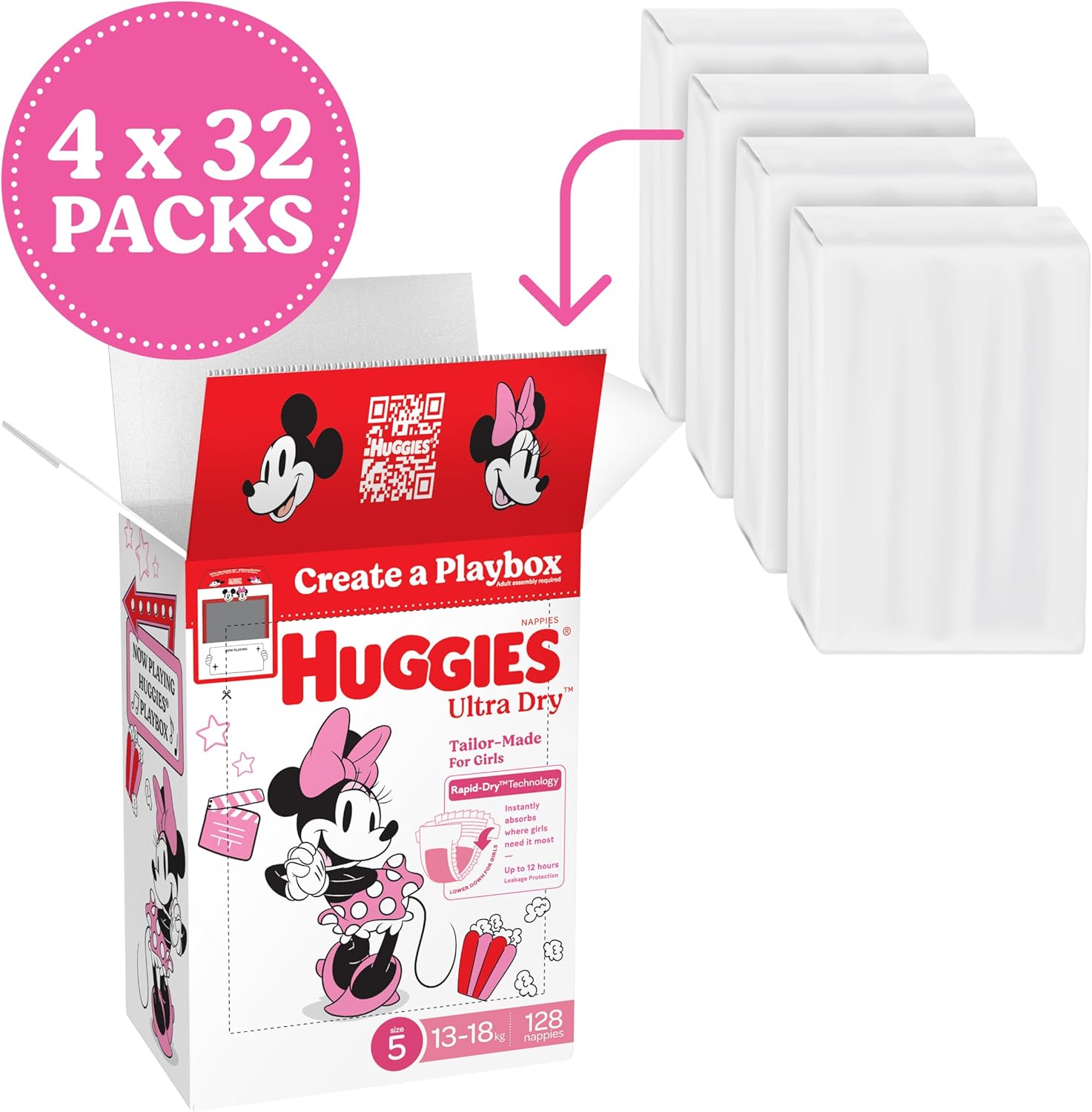 Huggies Ultra Dry Nappies Girls Size 4 (10-15kg) 144 Count - One Month Supply (Packaging May Vary)