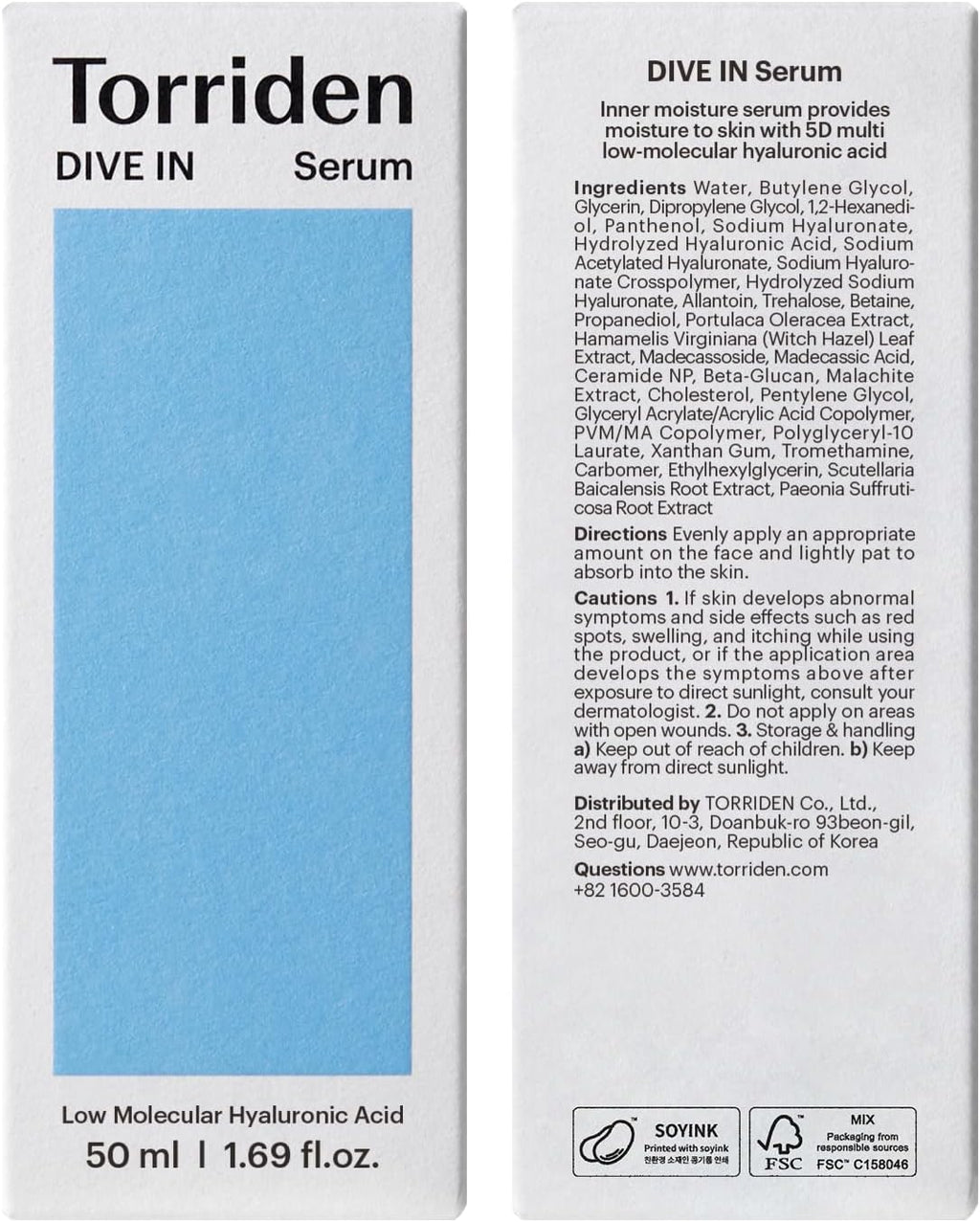 Torriden DIVE IN Hyaluronic Acid Serum 50ml (1.69 fl.oz.) | Deep Hydration to Get Glow Skin | Hyaluronic Acid, Panthenol, Allantoin | Korean Facial Serum