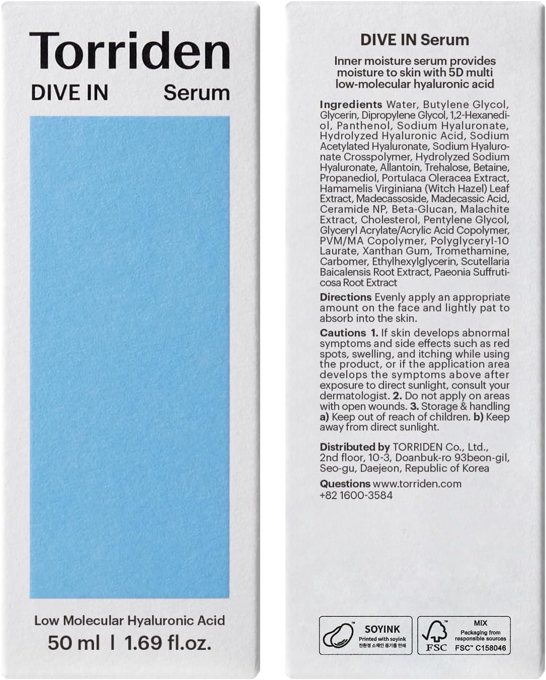 Torriden DIVE IN Hyaluronic Acid Serum 50ml (1.69 fl.oz.) | Deep Hydration to Get Glow Skin | Hyaluronic Acid, Panthenol, Allantoin | Korean Facial Serum